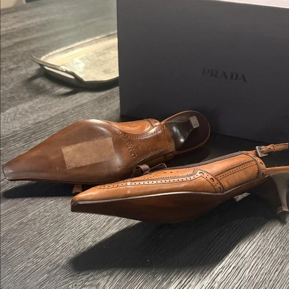 Prada Women's Tan Leather Slingback Heels - Picture 2 of 4